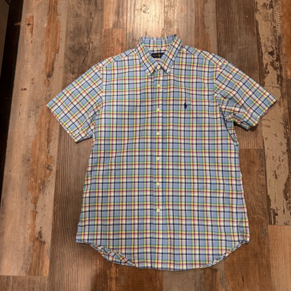Ralph Lauren Mens Large Short Sleeve Plaid Button Down Shirt Multi Color Pony